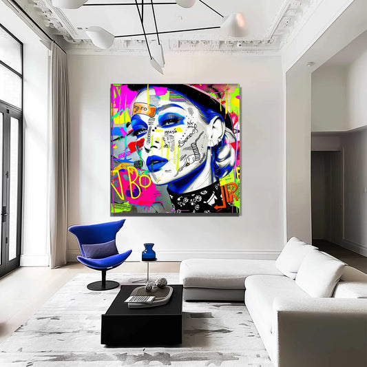 Living room wall decor of a close-up of a woman's face covered in vibrant stickers and graffiti, wearing blue lipstick. Neon Noir Vixen-Graphique Addictions.