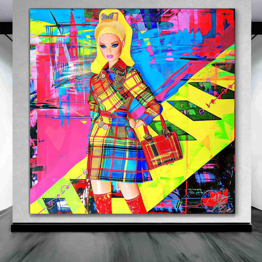 Art gallery mockup of doll wearing a tartan trench coat and red knee-high boots, holding a handbag, surrounded by bright, colorful glitch art patterns. Neon Plaid Doll Pop, Graphique Addictions.