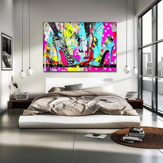 Bedroom wall decor of high heels against a backdrop of colorful newspaper texture collage and paint splashes. Neon Stiletto 80's Remix-Graphique Addictions.