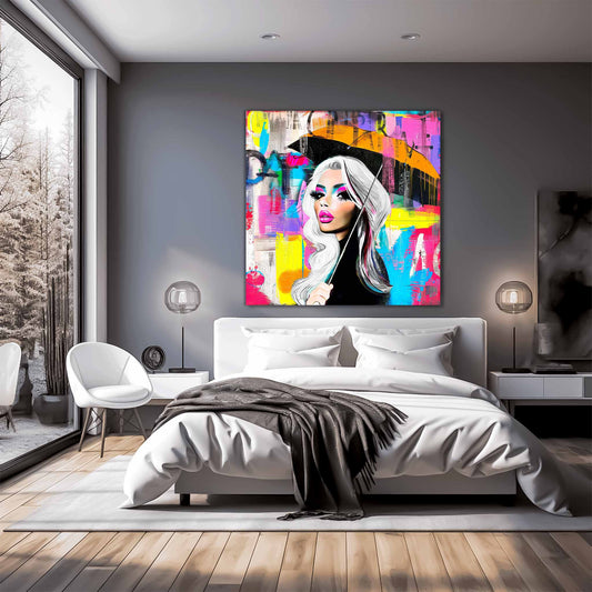 Silver-haired woman holding an orange umbrella against a backdrop of multi-colored dripping graffiti textures. Neon Umbrella Diva bedroom wall decor-Graphique Addictions.