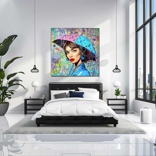 Bedroom wall decor of Audrey Hepburn holding an umbrella decorated with graffiti and Louis Vuitton-inspired monogram and a backdrop with patterns of graffiti and dripping paint. Painted Rainfall-Graphique Addictions.