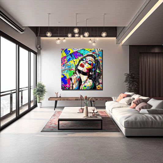 Living room mockup of a beautiful woman holding an umbrella against a vibrant storm of colorful paint splashes. Painted Rainstorm Glam-Graphique Addictions