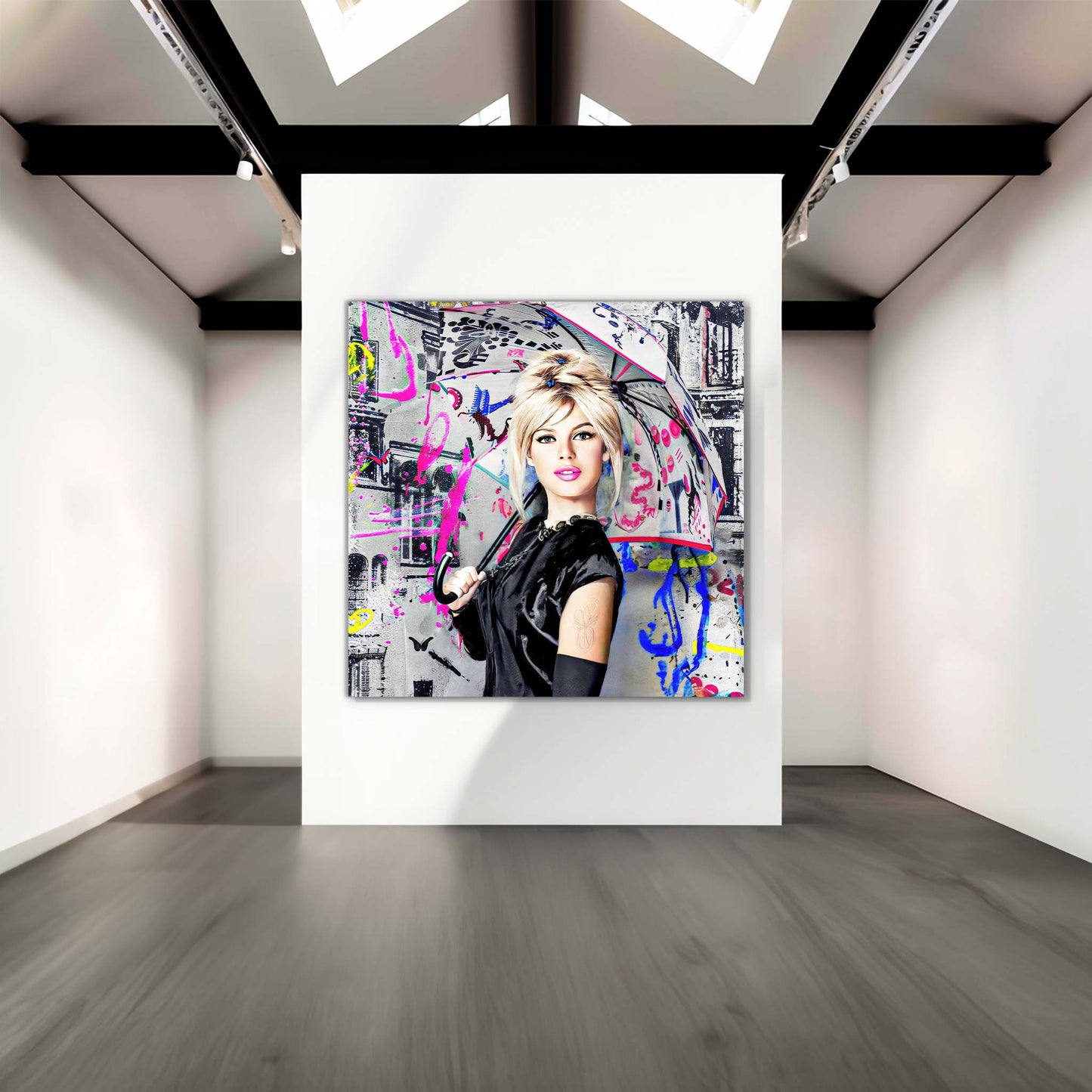 Brigitte Bardot holding an umbrella in a black dress and gloves, against a graffiti-cityscape with neon colors, art wall display. Parisian Pop-Graphique Addictions.