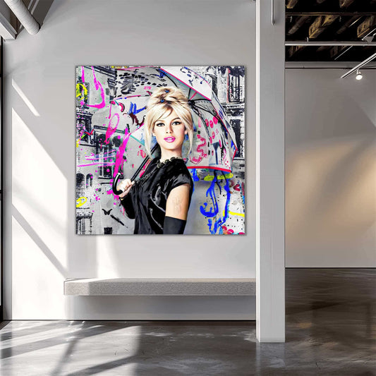 Brigitte Bardot holding an umbrella in a black dress and gloves, against a graffiti-cityscape with neon colors, art gallery mockup. Parisian Pop-Graphique Addictions.