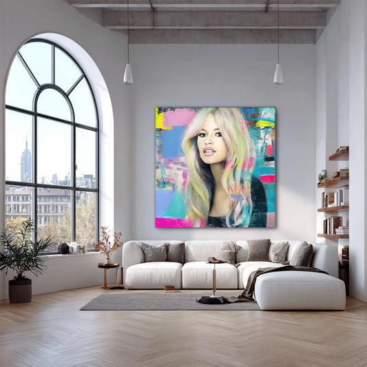 living room wall mockup oil painting of Brigitte Bardot with pastel-colored hair with bright colors and brush strokes. Pastel-Bardot-living room wall mockup.