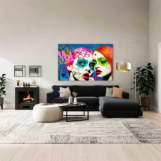 Living Room wall decor of 2 teenage girls with pink and orange-red hair, green eyes, and bold red lips against a backdrop of colorful street art. Phantoms puzzle of decay-Graphique Addictions