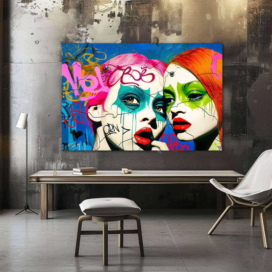 Office wall decor of 2 teenage girls with pink and orange-red hair, green eyes, and bold red lips against a backdrop of colorful street art. Phantoms puzzle of decay-Graphique Addictions