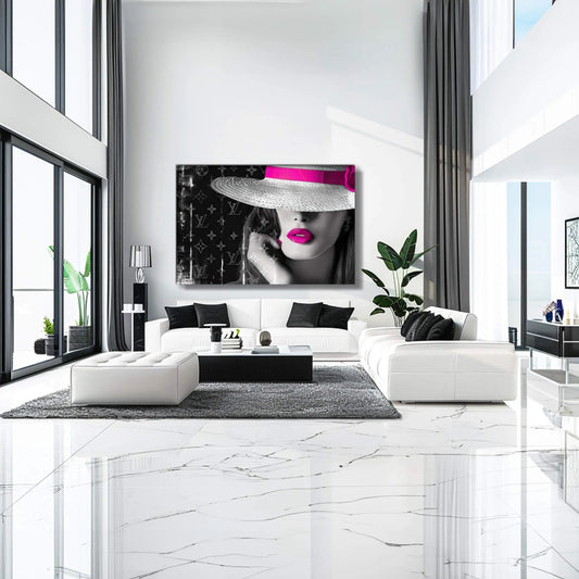 Living room wall decor of a close-up of a woman wearing a white hat with pink bow against Louis Vuitton inspired monogram background. Pink Lipped Chic in Monogram-Graphique Addictions.