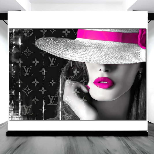 Art display of a close-up of a woman wearing a white hat with pink bow against Louis Vuitton inspired monogram background. Pink Lipped Chic in Monogram-Graphique Addictions.