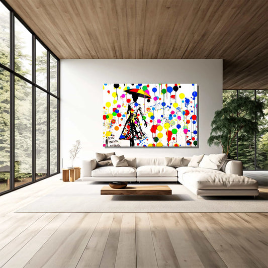Living room wall decor of Elegant woman with umbrella amid colorful paint splashes, dots, and balloons on a white background. Polka Splash Soiree-Graphique Addictions
