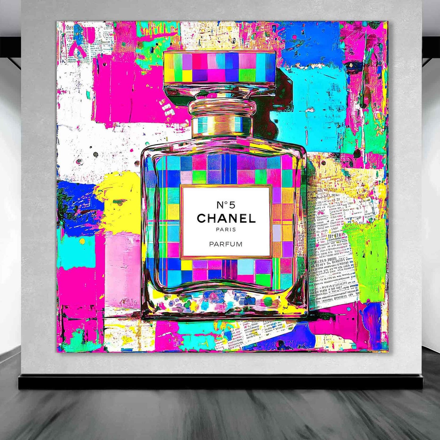 Art gallery mockup of Chanel No. 5 perfume bottle with colorful, neon abstract and graffiti paint splashes. Abstract Chanel No. 5-Graphique Addictions.