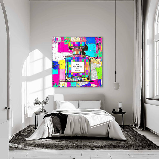 Bedroom wall mockup of Chanel No. 5 perfume bottle with colorful, neon abstract and graffiti paint splashes. Abstract Chanel No. 5-Graphique Addictions.