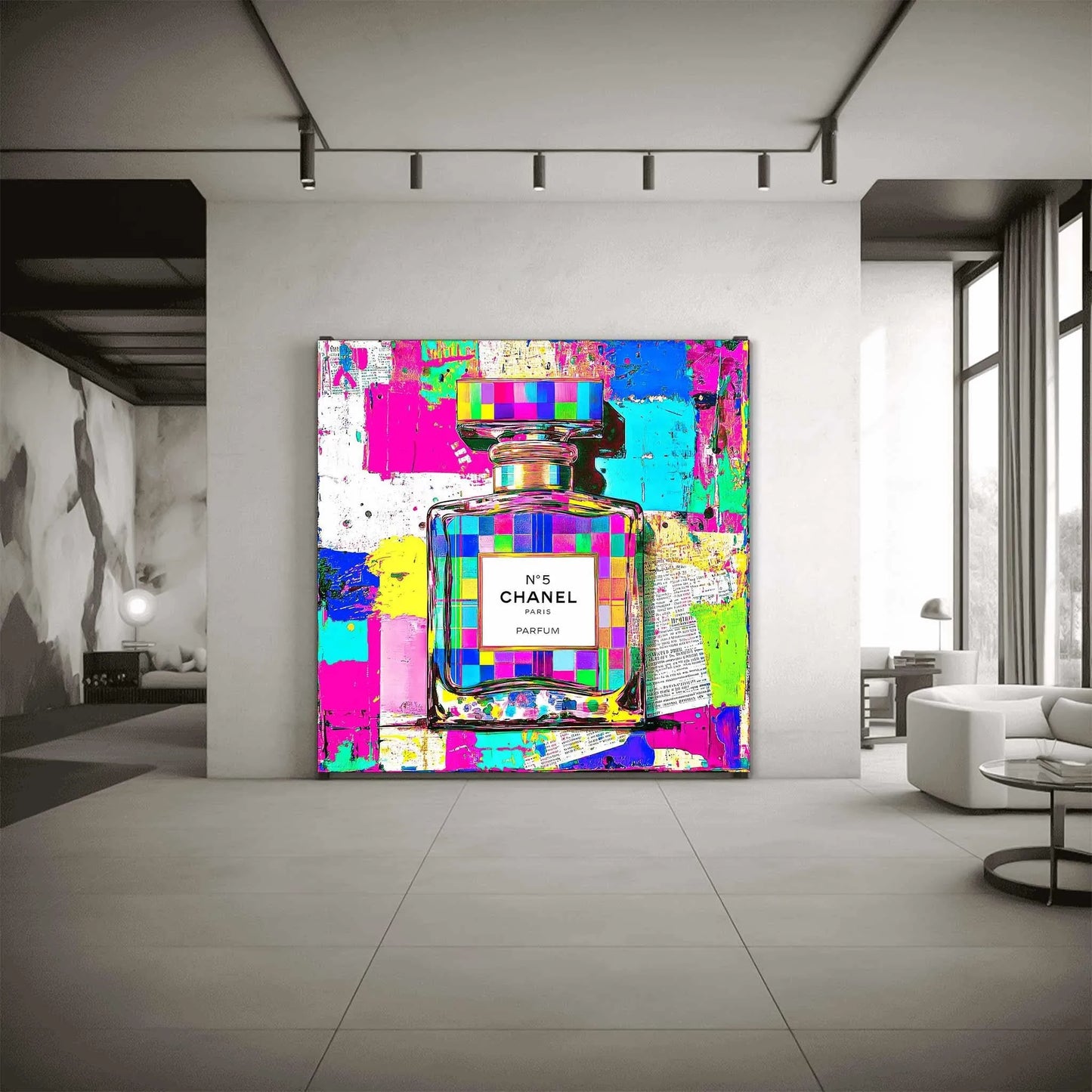 Living room wall mockup of Chanel No. 5 perfume bottle with colorful, neon abstract and graffiti paint splashes. Abstract Chanel No. 5-Graphique Addictions.