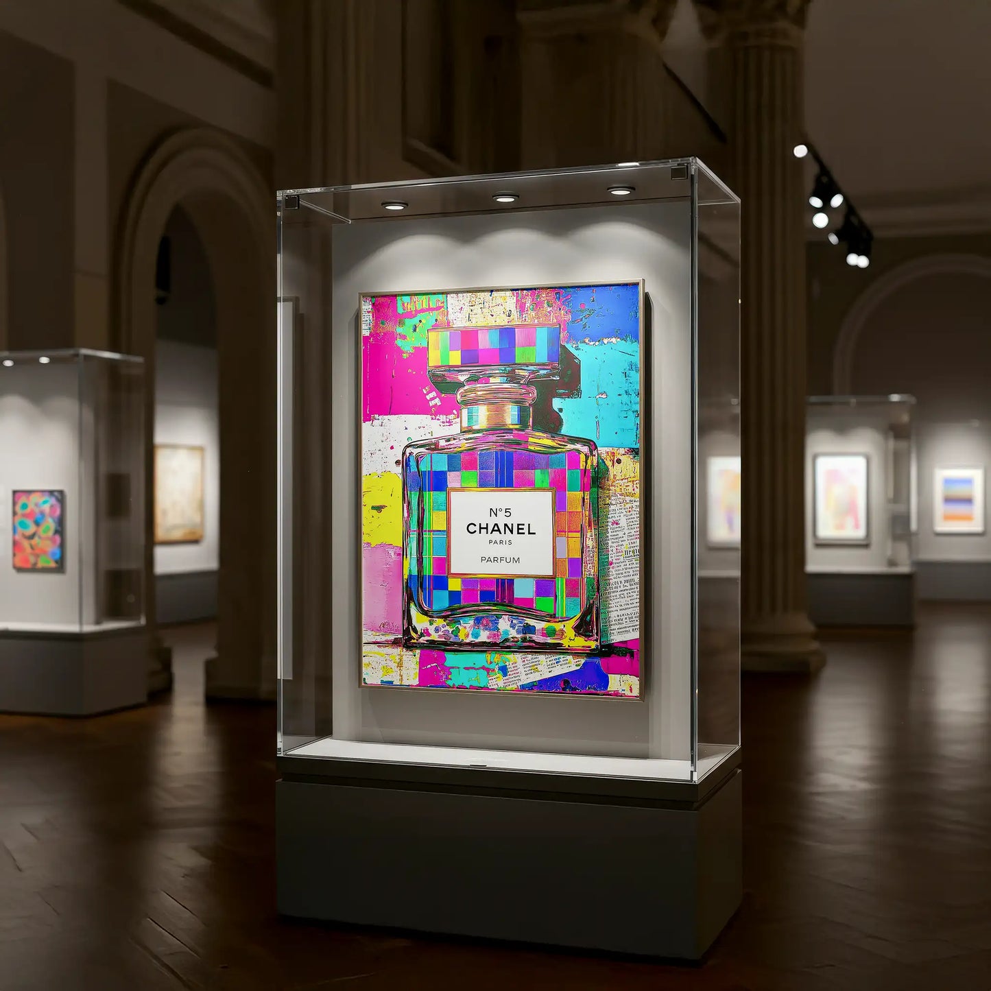 Colorful Chanel perfume bottle artwork in a gallery setting-Pop Chanel No. 5-Graphique Addictions