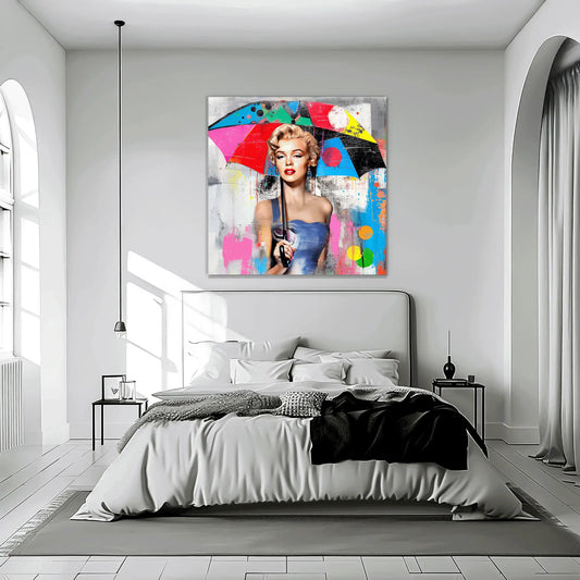 Bedroom mockup of Marilyn Monroe holding an umbrella in a teal graffiti collage against a dark urban wall with vivid paint splashes and textures-pop-rain, Graphique Addictions