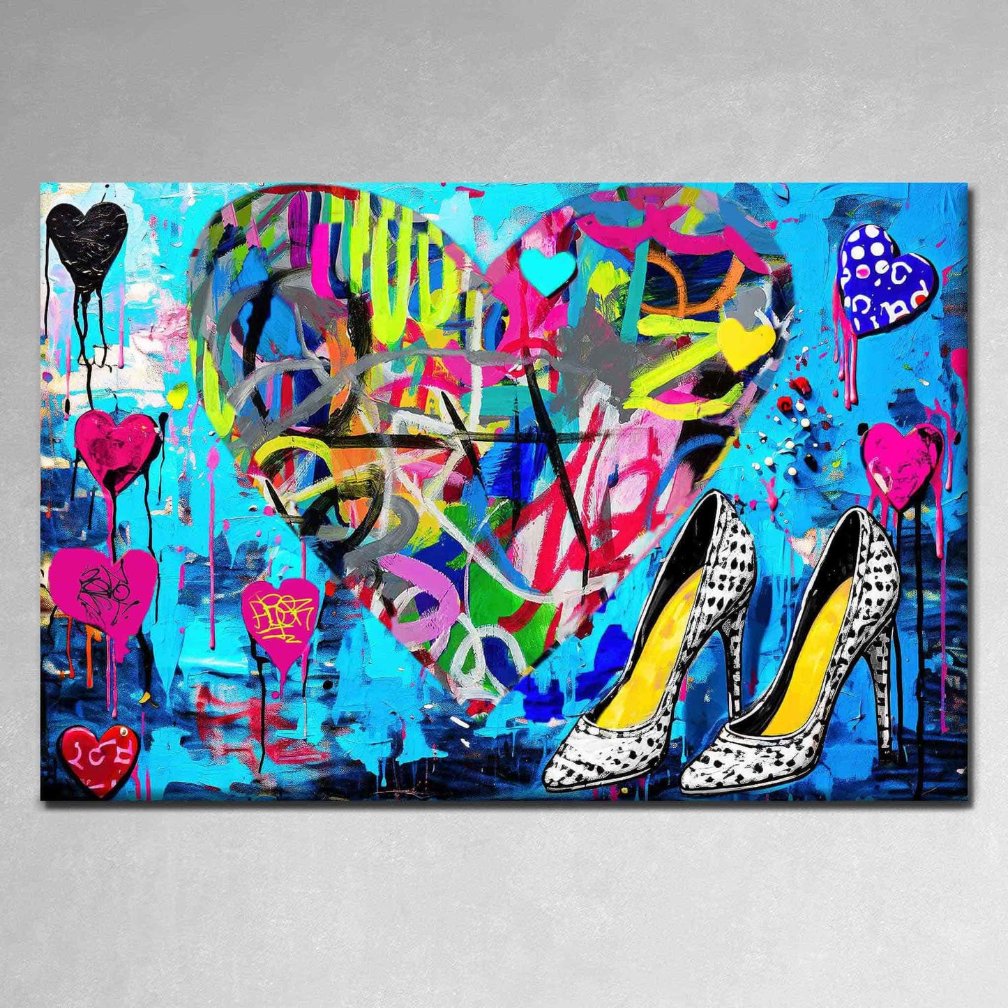 Art print of a large heart with colorful neon scribble graffiti and leopard print stilettos. Pop Splash Couture-Graphique Addictions.