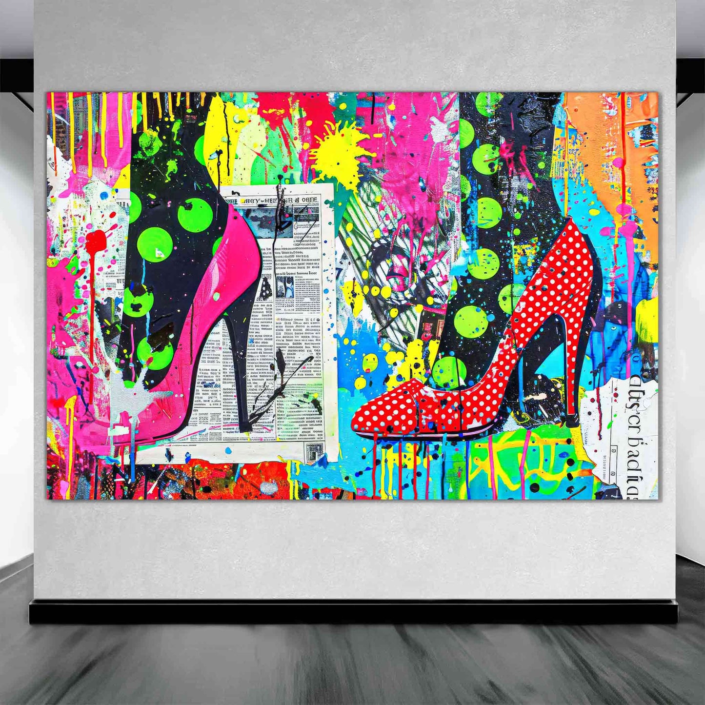 Graffiti collage featuring black leggings with green polka dots, red and pink high heels with polka dot accents, neon paint splashes, and layered newspaper textures, art gallery mockup. Pop Art Pumps-Graphique Addictions.