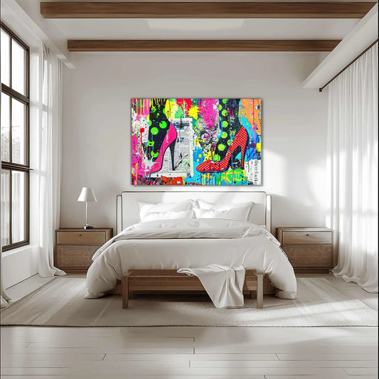 Graffiti collage featuring black leggings with green polka dots, red and pink high heels with polka dot accents, neon paint splashes, and layered newspaper textures, bedroom wall decor. Pop Art Pumps-Graphique Addictions.