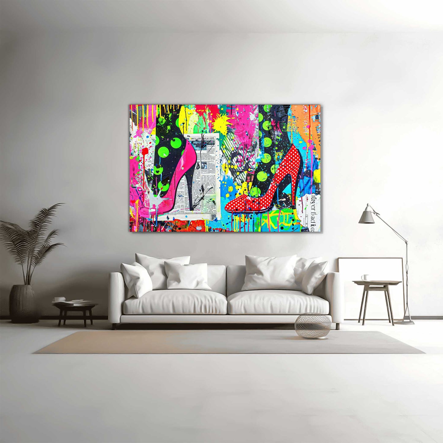 Graffiti collage featuring black leggings with green polka dots, red and pink high heels with polka dot accents, neon paint splashes, and layered newspaper textures, living room wall decor. Pop Art Pumps-Graphique Addictions.