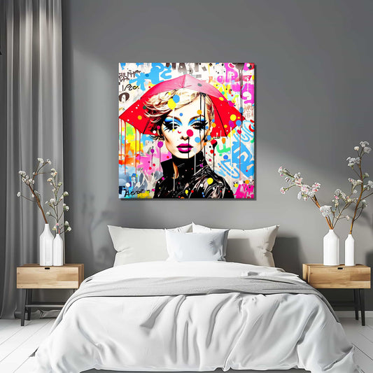 Bedroom wall decor Portrait of a model with bold makeup and polka dots, holding an oversized umbrella, set against colorful street graffiti with lines and paint-drip effects. Rain Radiance-Graphique Addictions