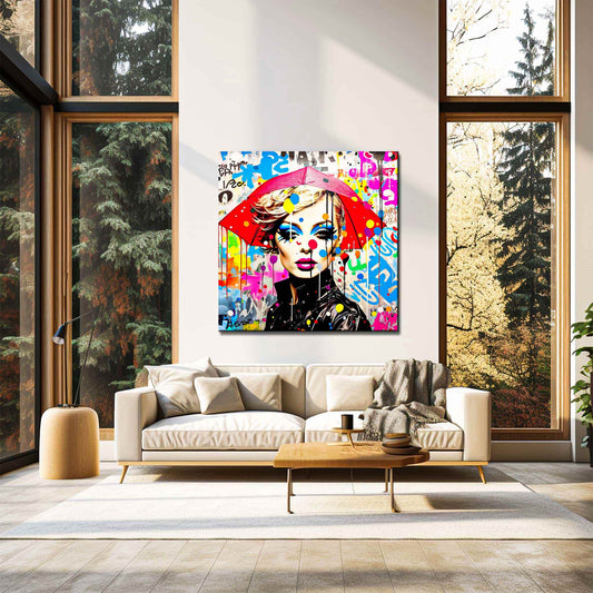 Living room wall decor Portrait of a model with bold makeup and polka dots, holding an oversized umbrella, set against colorful street graffiti with lines and paint-drip effects. Rain Radiance-Graphique Addictions
