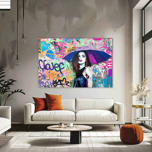 Living room wall decor of Brunette woman with long hair, holding a purple-blue colored umbrella with black graffiti accents. Rainbow Graffiti Tempest-Graphique Addictions