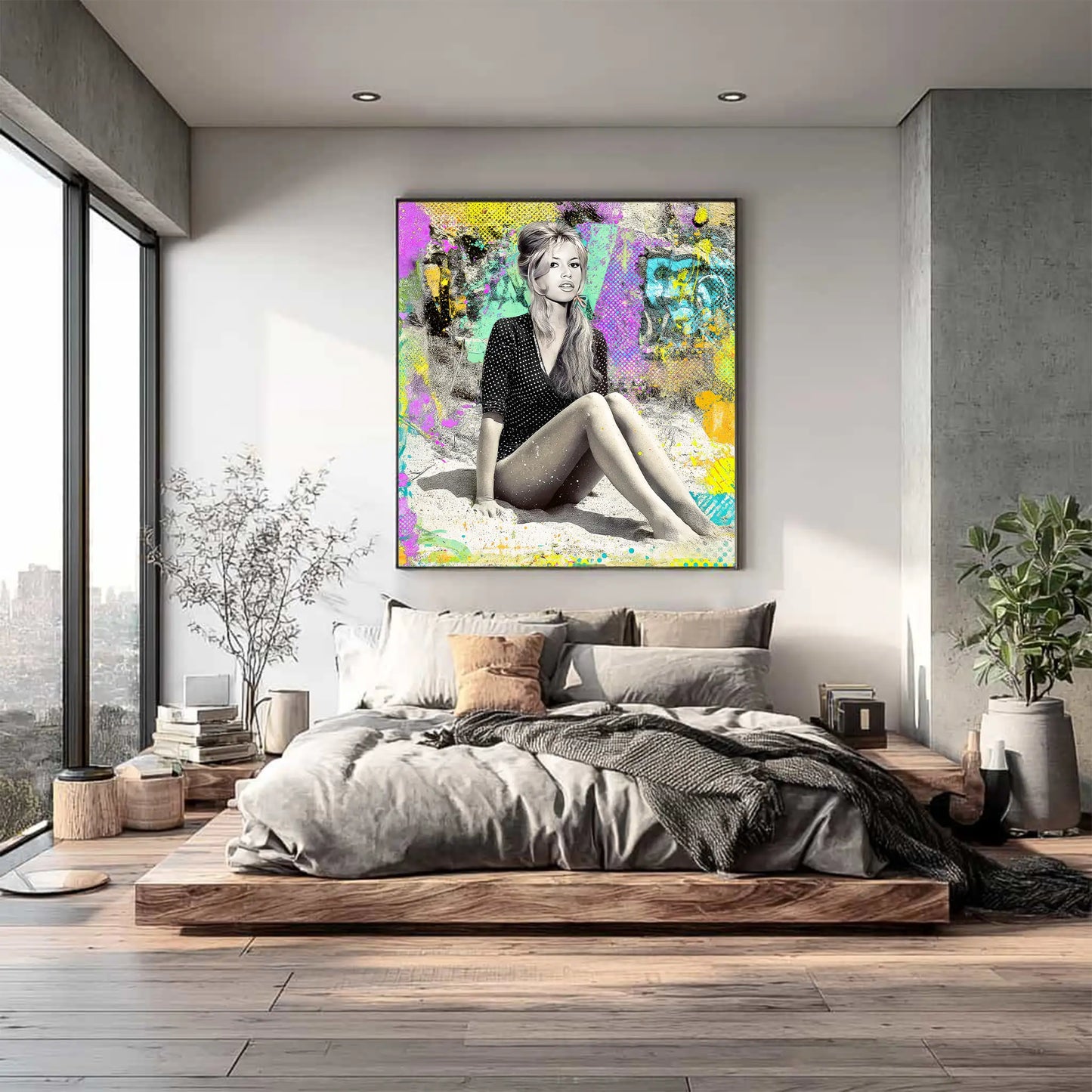 bedroom wall decor of mixed media art painting of Brigitte Bardot sitting on the sand in a polka dot beach cover-up with graffiti splashes, vibrant brush strokes, and nostalgic comic book textures-retro-beach-vibes, Graphique Addictions