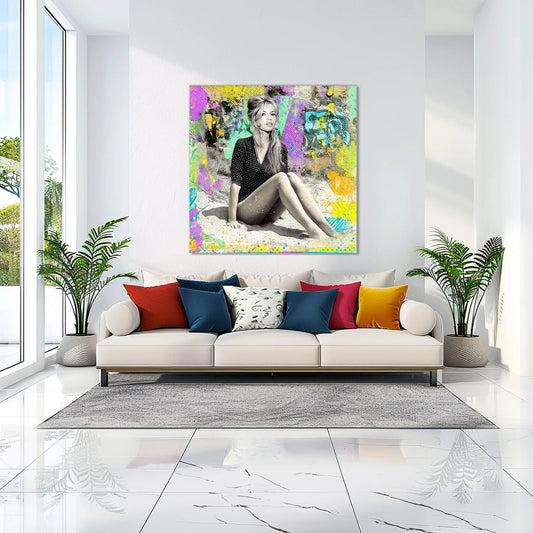 living room wall decor of mixed media art painting of Brigitte Bardot sitting on the sand in a polka dot beach cover-up with graffiti splashes, vibrant brush strokes, and nostalgic comic book textures-retro-beach-vibes, Graphique Addictions