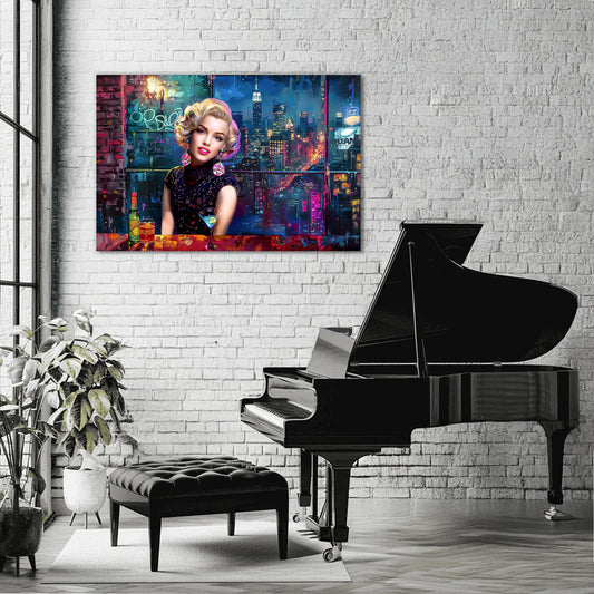 piano room featuring Marilyn Monroe seated at a bar with colorful cocktails, glowing under neon New York City lights. Retro City Lights-Graphique Addictions
