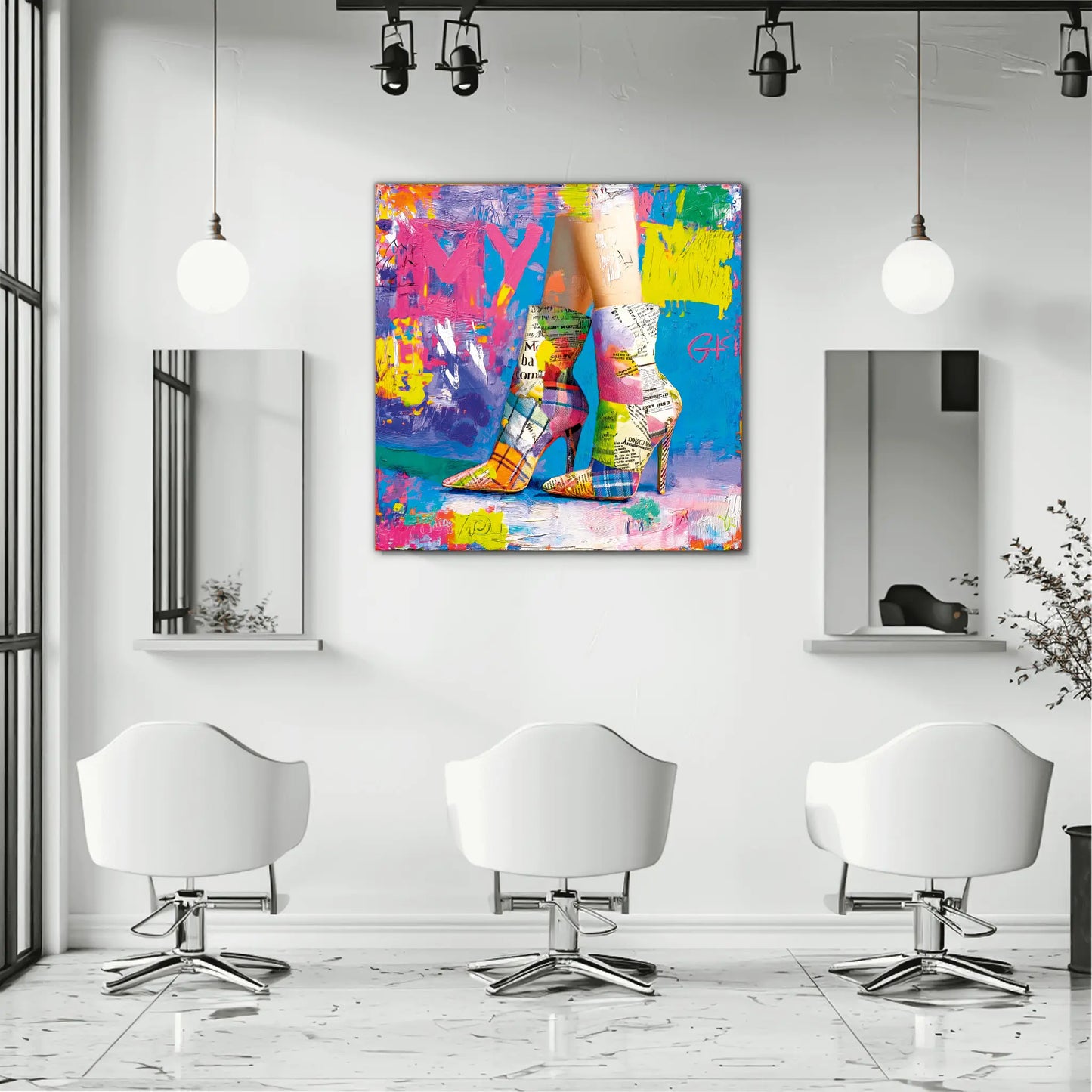 hair salon mockup of plaid high heels painted in vivid neon tones against a newspaper-inspired background. Retro Neon Pop-Graphique Addictions