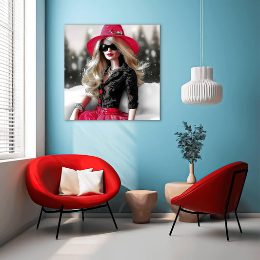 Hallway mockup of stylish barbie-inspired doll sitting in the snow, with long wavy blonde hair, wearing sunglasses and a red rhinestone hat and black lace top and a red skirt. Snowy Doll Dior-Graphique Addictions.