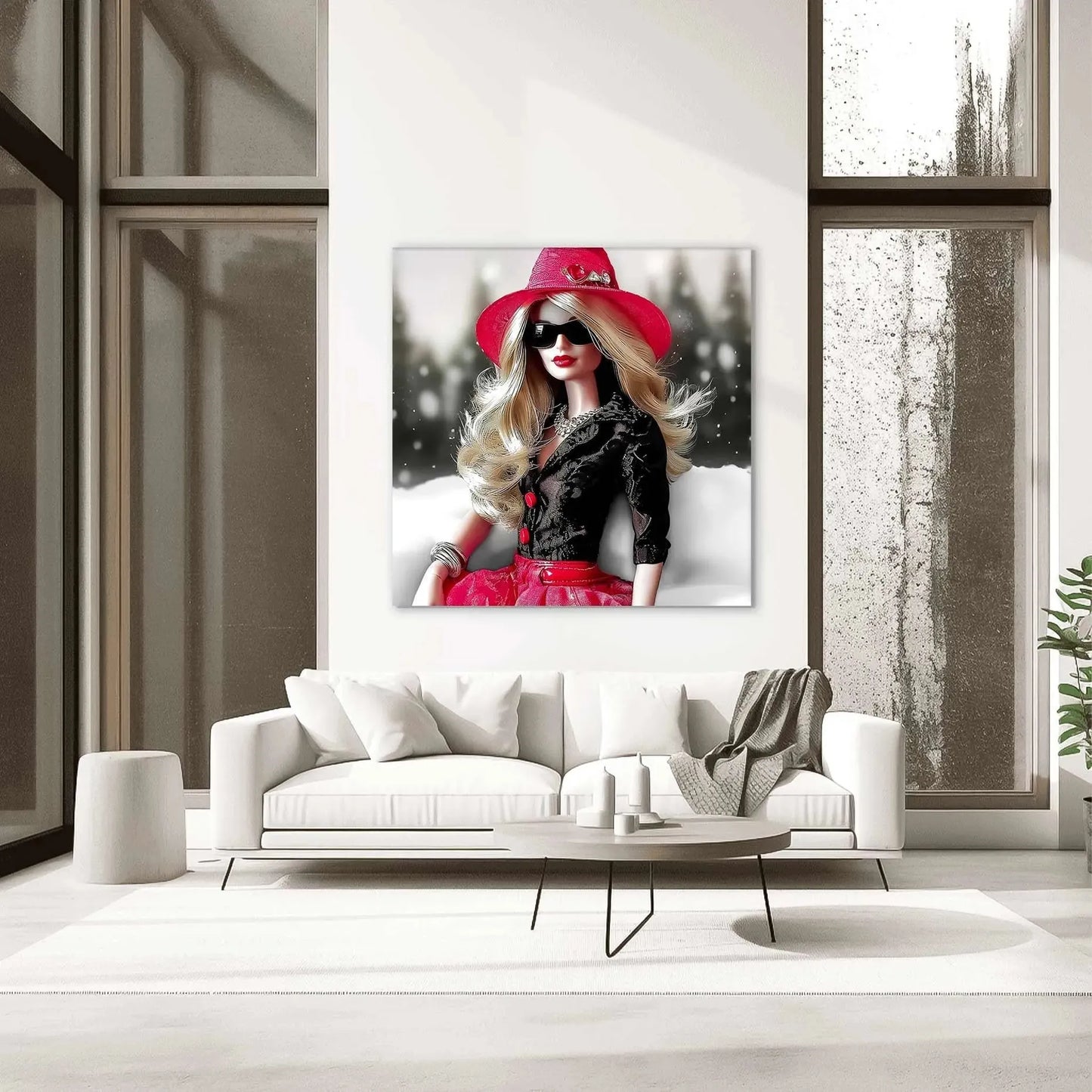 Living room mockup of stylish barbie-inspired doll sitting in the snow, with long wavy blonde hair, wearing sunglasses and a red rhinestone hat and black lace top and a red skirt. Snowy Doll Dior-Graphique Addictions.
