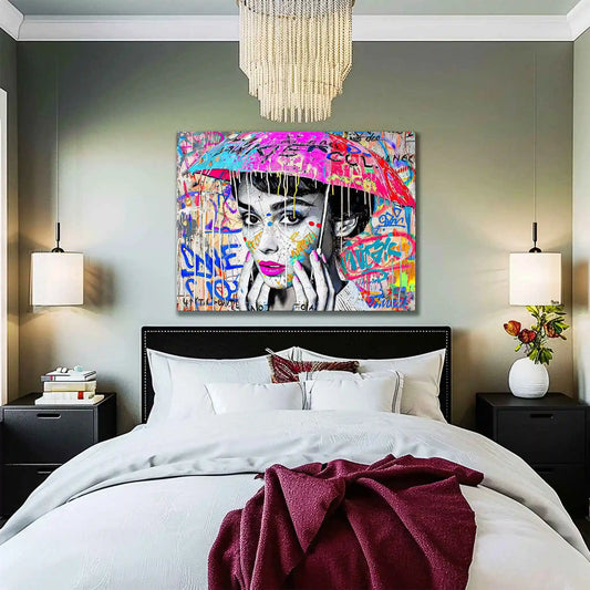 Bedroom mockup of Audrey Hepburn with an umbrella over her head with colorful graffiti and paint. Splash of Street Style-Graphique Addictions.