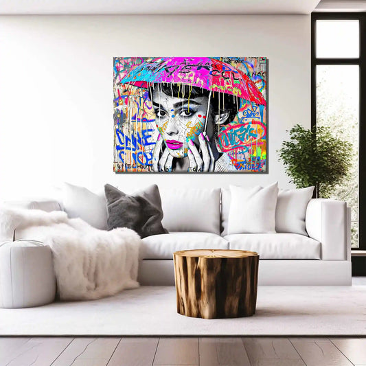 Living room wall decor of Audrey Hepburn with an umbrella over her head with colorful graffiti and paint. Splash of Street Style-Graphique Addictions.
