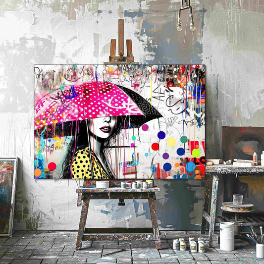 Art Studio mockup of woman holding a pink umbrella with white polka dots and colorful paint splashes. Street Art Storm-Graphique Addictions.