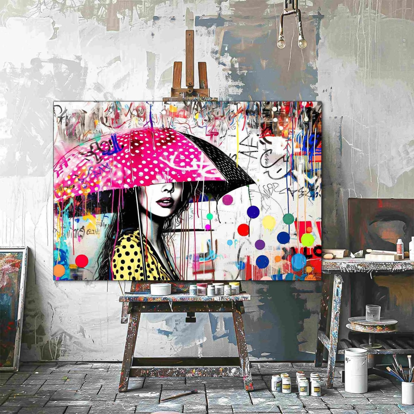 Art Studio mockup of woman holding a pink umbrella with white polka dots and colorful paint splashes. Street Art Storm-Graphique Addictions.