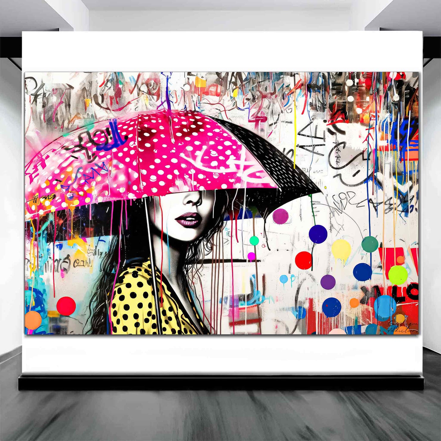 Art Gallery mockup of woman holding a pink umbrella with white polka dots and colorful paint splashes. Street Art Storm-Graphique Addictions.