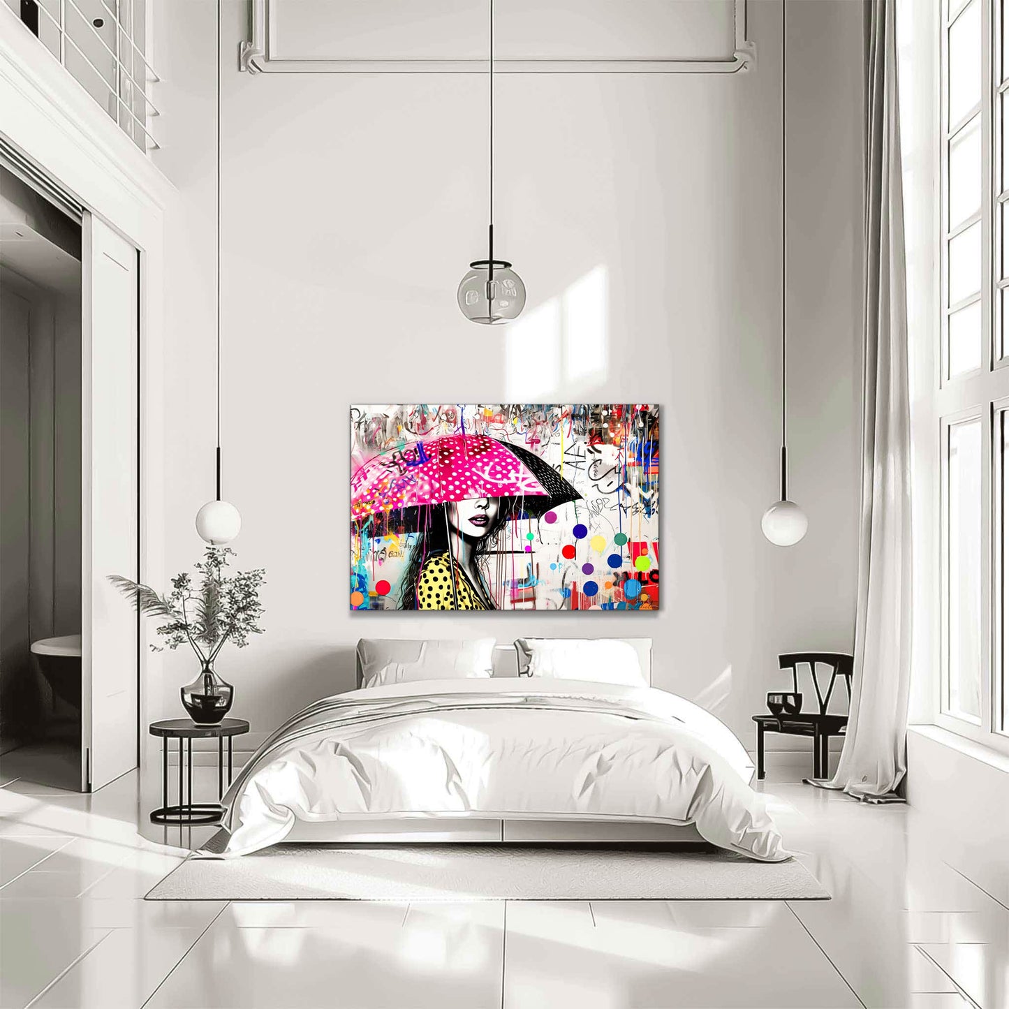 Bedroom wall mockup of woman holding a pink umbrella with white polka dots and colorful paint splashes. Street Art Storm-Graphique Addictions.