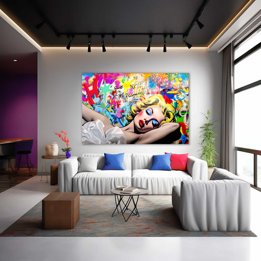 Living room wall decor of a Blonde woman in a white dress lying down, with blue eyeshadow and red lipstick, against a vibrant graffiti wall. Street Style Serenade - Graphique Addictions