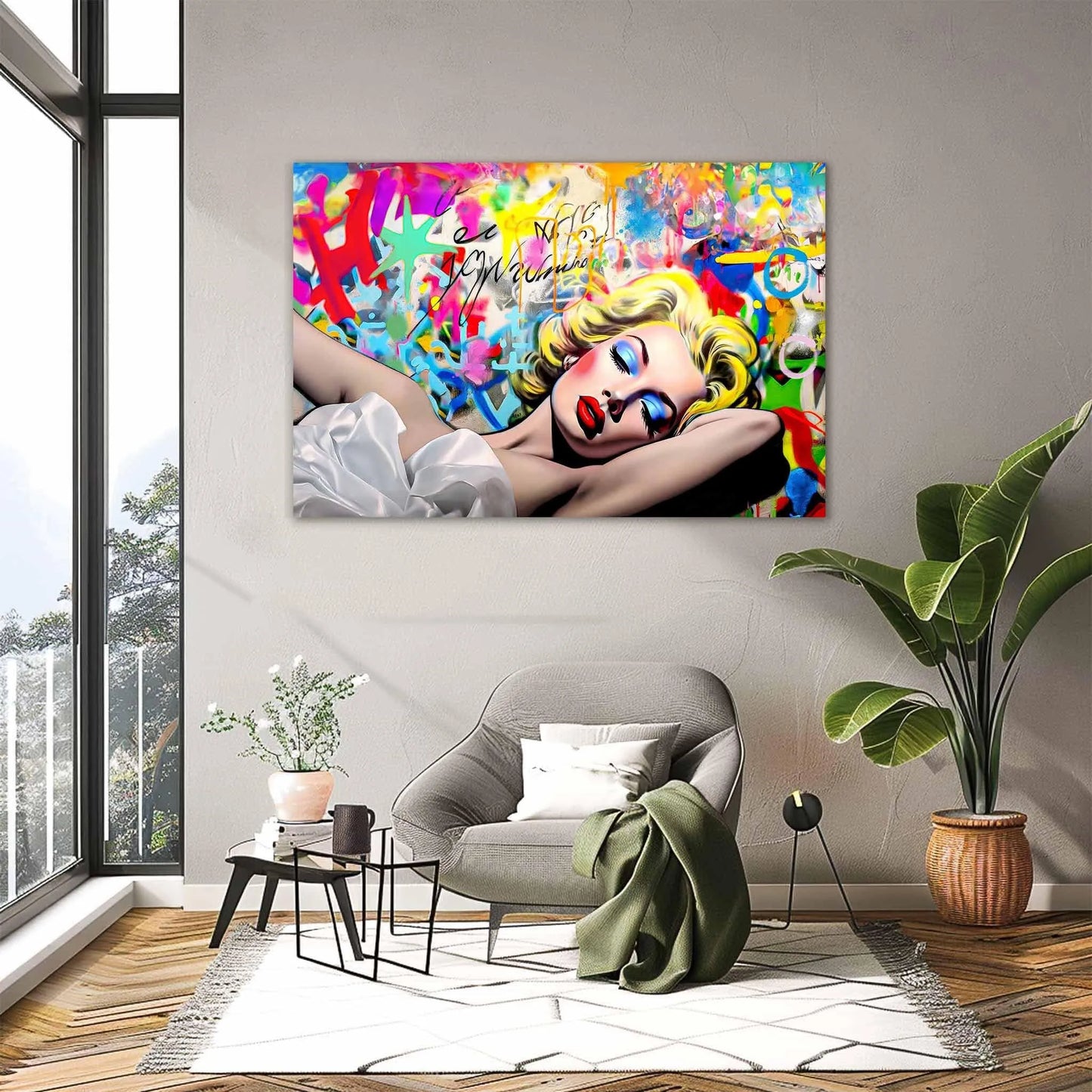Foyer wall decor of a Blonde woman in a white dress lying down, with blue eyeshadow and red lipstick, against a vibrant graffiti wall. Street Style Serenade - Graphique Addictions