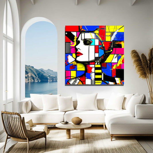 Living room wall decor of Face with bold geometric patterns in red, blue, yellow, and pink, evoking futuristic charm. Technicolor Temptress - Graphique Addictions