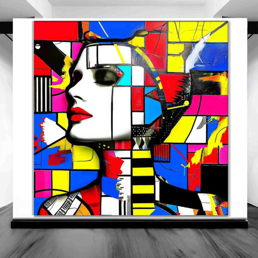 Art display of Face with bold geometric patterns in red, blue, yellow, and pink, evoking futuristic charm. Technicolor Temptress-Graphique Addictions