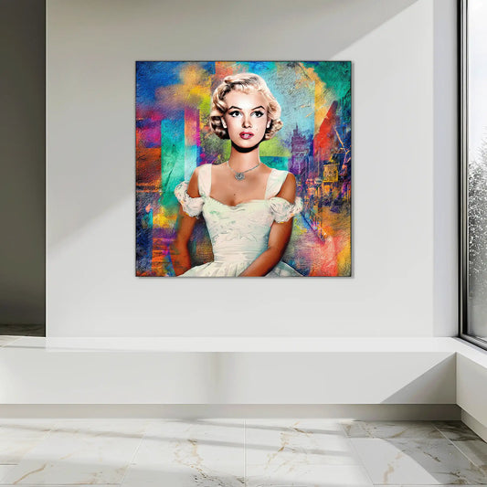 Hallway wall decor of young Marilyn Monroe in a white dress, posing gracefully against a vibrant, blurred cityscape of skyscrapers and colorful urban lights. Timeless in the City-Graphique Addictions.