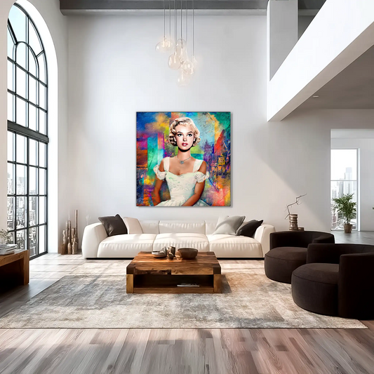 Living room wall decor of young Marilyn Monroe in a white dress, posing gracefully against a vibrant, blurred cityscape of skyscrapers and colorful urban lights. Timeless in the City-Graphique Addictions.