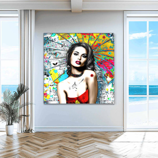 Hallway wall decor of woman against vibrant graffiti ink and vibrant colors. Umbrella Ink Pop-Graphique Addictions.
