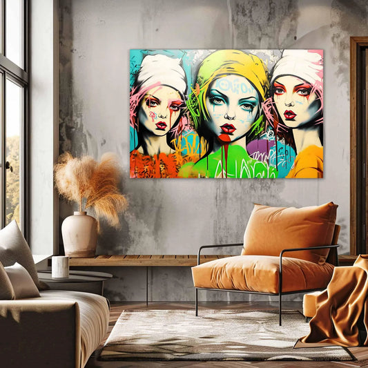 Living room wall decor of Three women in red, green, orange with bold makeup and headscarves, set against vibrant green graffiti with purple and white scribbles. Urban Decay Divas -Graphique Addictions