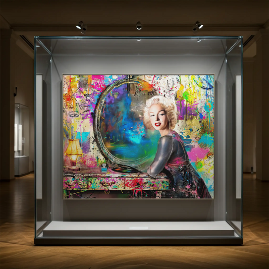 Glass art display of Marilyn Monroe sitting at her vanity table in front of an old mirror with colorful graffiti and paint on the walls. Vanity Pop-Graphique Addictions.
