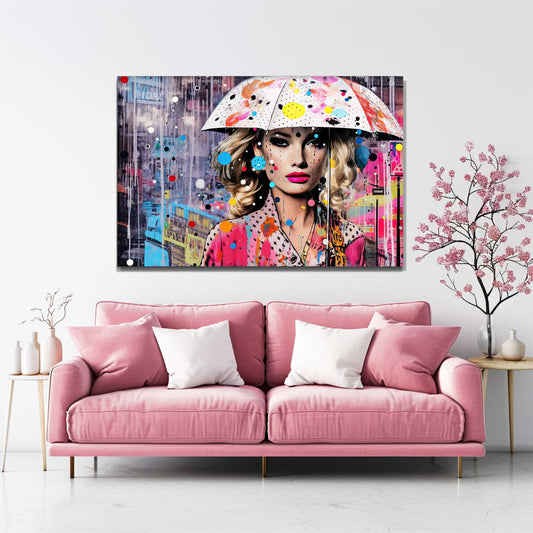 Living room wall decor of a Blonde woman in a polka-dot dress with a colorful umbrella, set against a rain-soaked cityscape with pink and blue street art. Vibrant Drizzle Elegance-Graphique Addictions