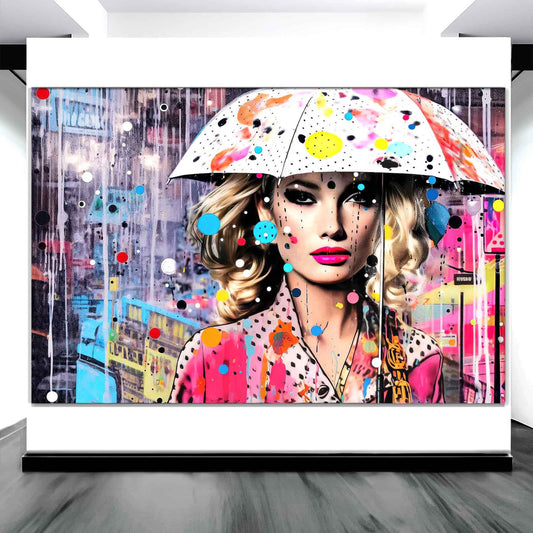 Art display of a Blonde woman in a polka-dot dress with a colorful umbrella, set against a rain-soaked cityscape with pink and blue street art. Vibrant Drizzle Elegance-Graphique Addictions