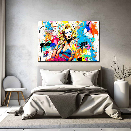 Bedroom wall decor Marilyn Monroe against a backdrop of colorful abstract graffiti and paint splashes. Vogue Vandal-Graphique Addictions